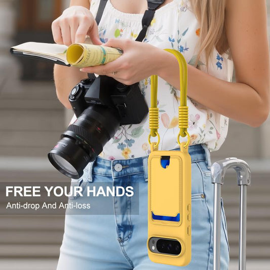 For Google Pixel 10 Pro XL Integrated Card Bag Solid Color Liquid Silicone Phone Case Gen2 with Short Lanyard(Yellow) - Google Cases by buy2fix | Online Shopping UK | buy2fix