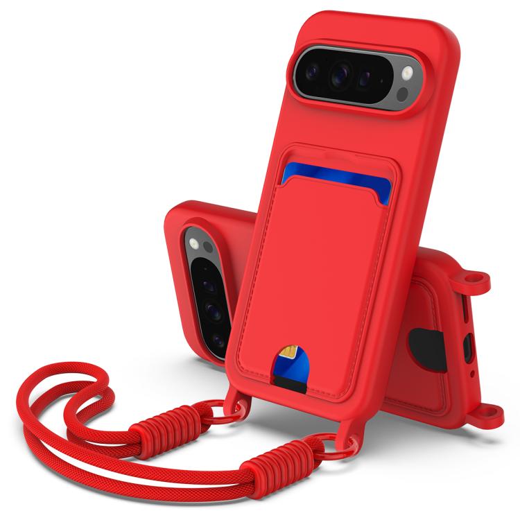For Google Pixel 10 Pro Integrated Card Bag Solid Color Liquid Silicone Phone Case Gen2 with Short Lanyard(Red) - Google Cases by buy2fix | Online Shopping UK | buy2fix