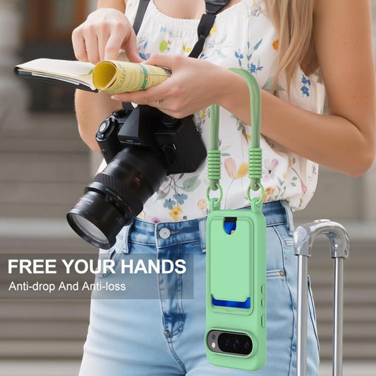For Google Pixel 10 Pro Integrated Card Bag Solid Color Liquid Silicone Phone Case Gen2 with Short Lanyard(Green) - Google Cases by buy2fix | Online Shopping UK | buy2fix