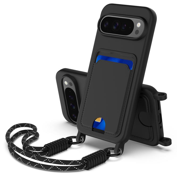 For Google Pixel 10 Pro Integrated Card Bag Solid Color Liquid Silicone Phone Case Gen2 with Short Lanyard(Black) - Google Cases by buy2fix | Online Shopping UK | buy2fix