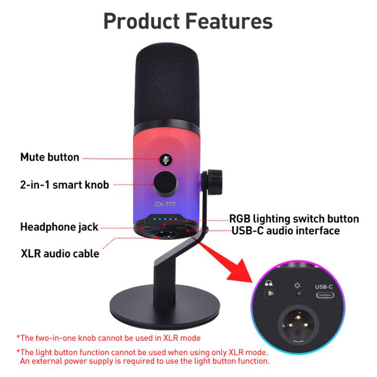 XTUGA ZX-777 XLR / USB-C Dynamic Microphone RGB Light Noise Reduction for Live, Model:Desktop(Black) - Microphone by XTUGA | Online Shopping UK | buy2fix