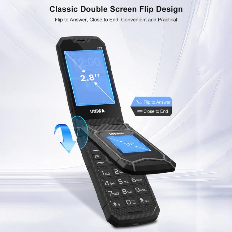 UNIWA X29 Keypad Flip Rugged Phone, 2.8 inch + 1.77 inch Double Screen, MT6261D, Network: 2G, Plug:US Plug(Black Green) - UNIWA by UNIWA | Online Shopping UK | buy2fix