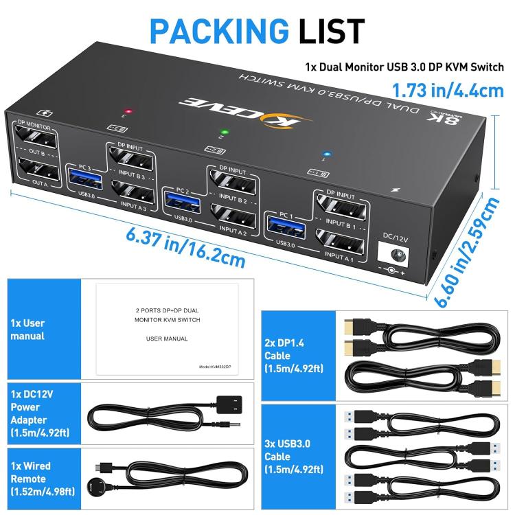 KCEVE KC-KVM302DP USB 3.0 Dual Monitor 8K 30Hz KVM Switch, Plug Type:EU Plug - Switch by buy2fix | Online Shopping UK | buy2fix