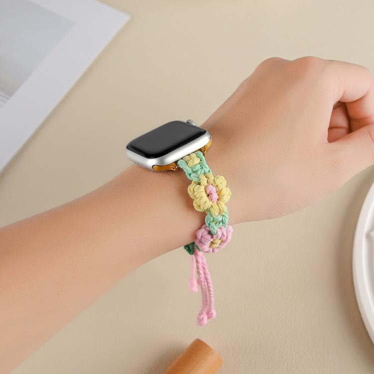 For Apple Watch 46mm / 49mm / 45mm / 44mm Hemp Rope Woven Flowers Drawstring Watch Band(Yellow Pink) - Watch Bands by buy2fix | Online Shopping UK | buy2fix