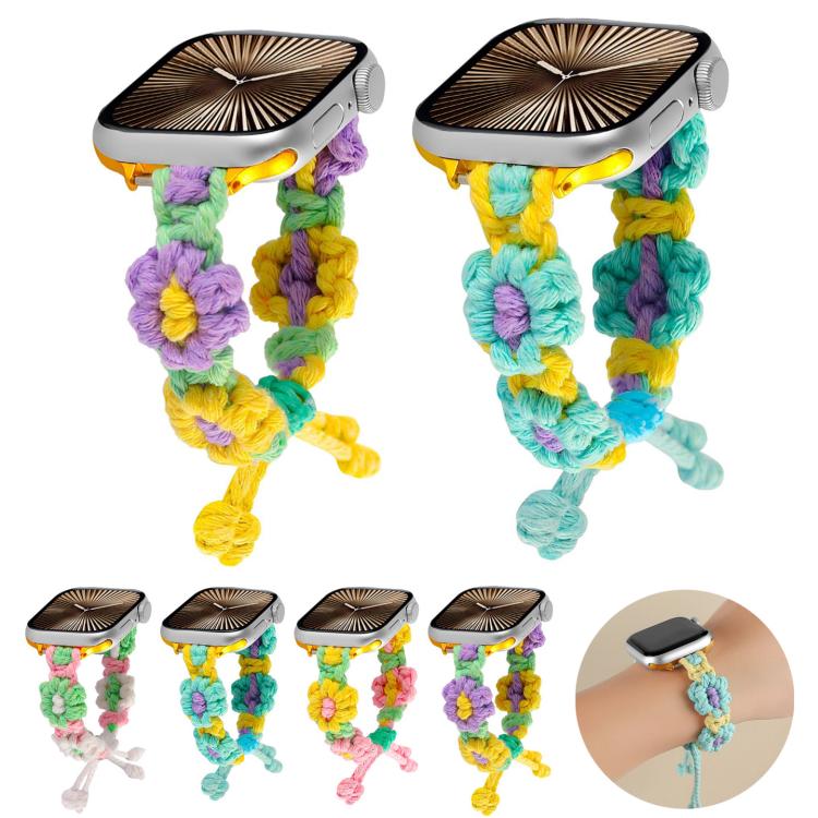 For Apple Watch 42mm / 41mm / 40mm / 38mm Hemp Rope Woven Flowers Drawstring Watch Band(Green White) - Watch Bands by buy2fix | Online Shopping UK | buy2fix