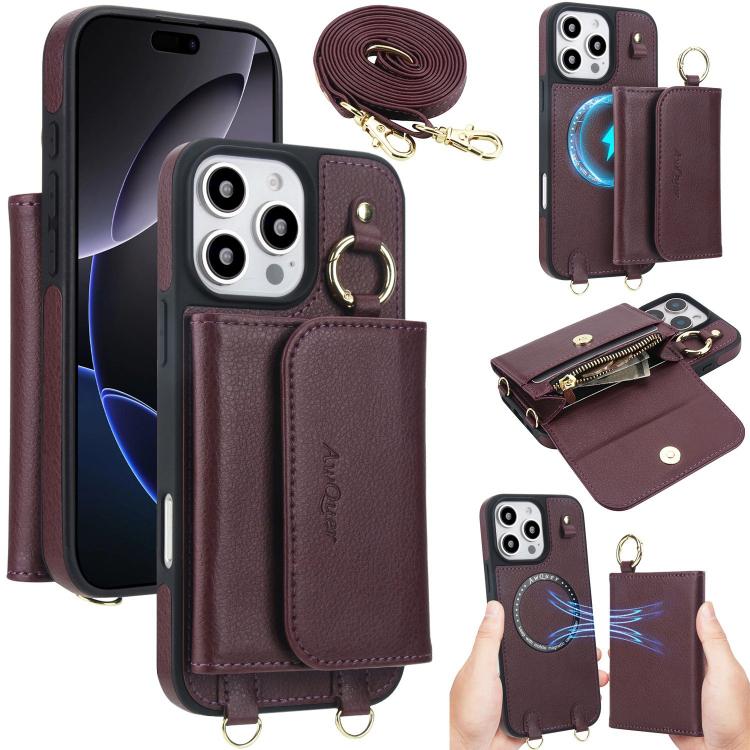 For iPhone 16 Pro AwQuer 2 in 1 Crossbody Wallet Leather Back Phone Case(Wine Red) - iPhone 16 Pro Cases by Awquer | Online Shopping UK | buy2fix