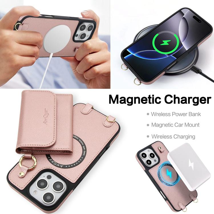 For iPhone 16 Pro AwQuer 2 in 1 Crossbody Wallet Leather Back Phone Case(Rose Gold) - iPhone 16 Pro Cases by Awquer | Online Shopping UK | buy2fix