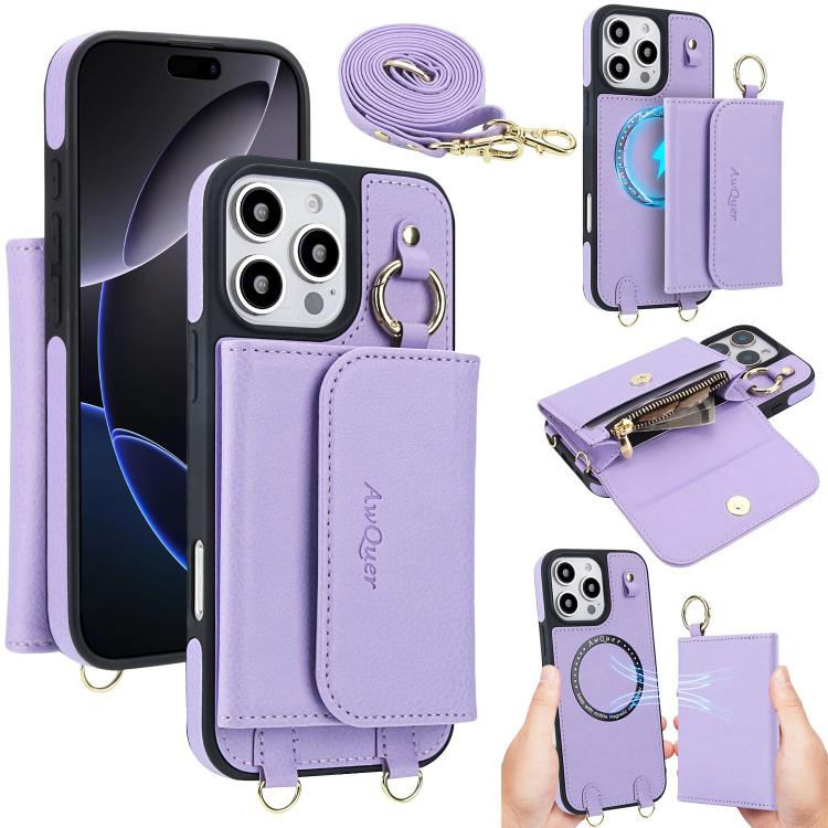 For iPhone 16 Pro AwQuer 2 in 1 Crossbody Wallet Leather Back Phone Case(Light Purple) - iPhone 16 Pro Cases by Awquer | Online Shopping UK | buy2fix