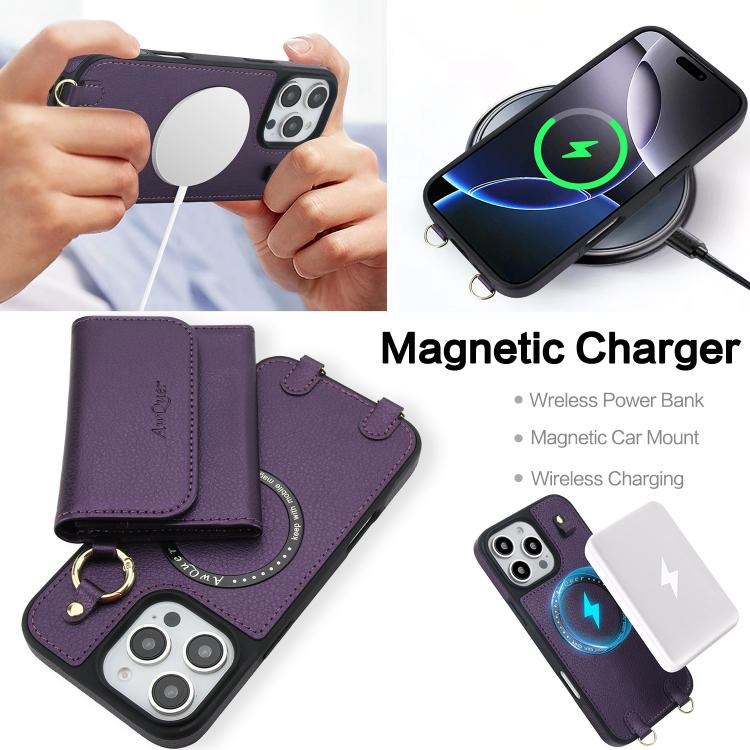 For iPhone 16 Pro AwQuer 2 in 1 Crossbody Wallet Leather Back Phone Case(Dark Purple) - iPhone 16 Pro Cases by Awquer | Online Shopping UK | buy2fix