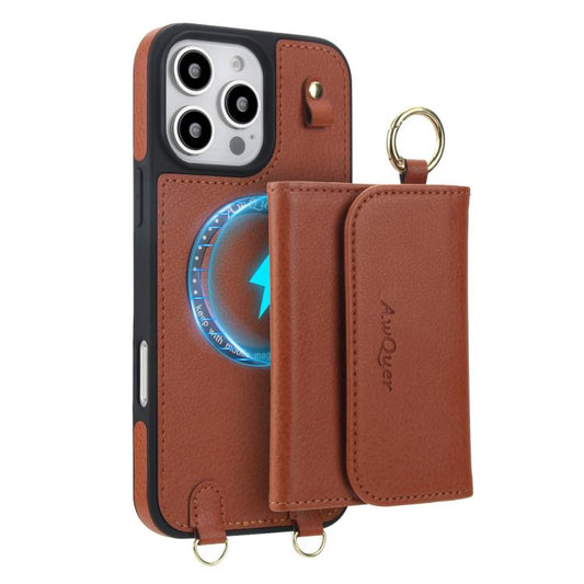 For iPhone 16 Pro AwQuer 2 in 1 Crossbody Wallet Leather Back Phone Case(Brown) - iPhone 16 Pro Cases by Awquer | Online Shopping UK | buy2fix
