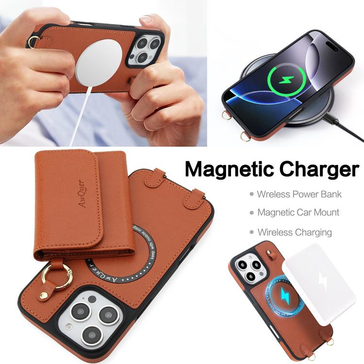 For iPhone 16 Pro AwQuer 2 in 1 Crossbody Wallet Leather Back Phone Case(Brown) - iPhone 16 Pro Cases by Awquer | Online Shopping UK | buy2fix