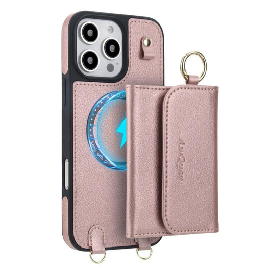 For iPhone 16 AwQuer 2 in 1 Crossbody Wallet Leather Back Phone Case(Rose Gold) - iPhone 16 Cases by Awquer | Online Shopping UK | buy2fix