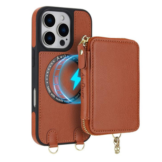 For iPhone 16 Pro AwQuer 2 in 1 Crossbody Wallet Leather Back Phone Case(Brown) - iPhone 16 Pro Cases by Awquer | Online Shopping UK | buy2fix