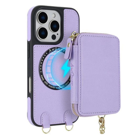 For iPhone 16 AwQuer 2 in 1 Crossbody Wallet Leather Back Phone Case(Light Purple) - iPhone 16 Cases by Awquer | Online Shopping UK | buy2fix