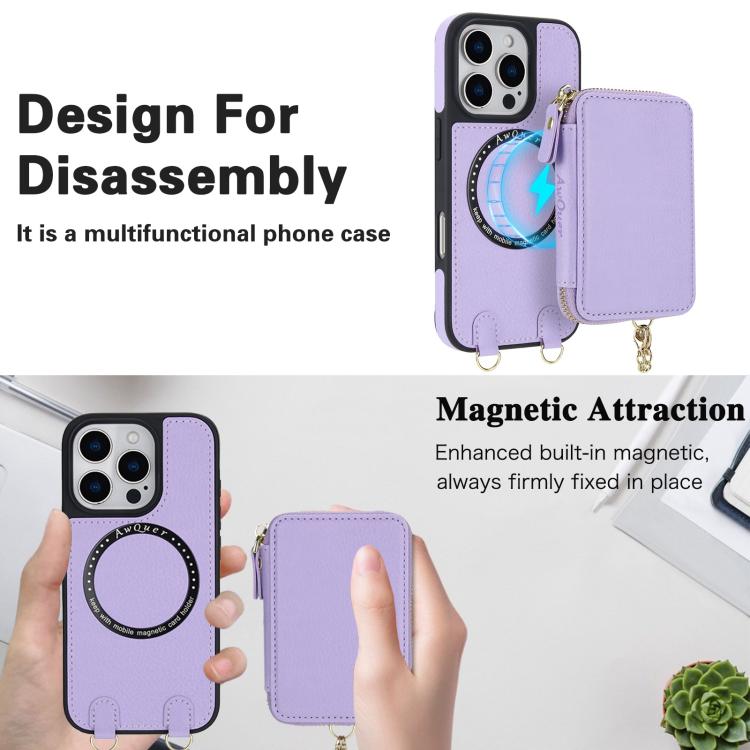For iPhone 16 AwQuer 2 in 1 Crossbody Wallet Leather Back Phone Case(Light Purple) - iPhone 16 Cases by Awquer | Online Shopping UK | buy2fix