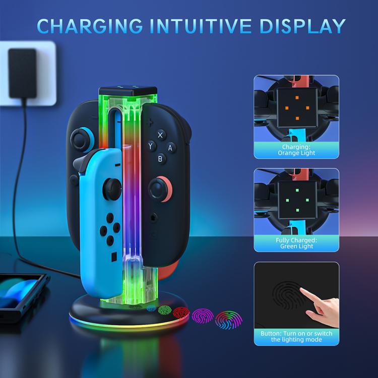 For Nintendo Switch 1 / 2 JYS NS2318 4 in 1 Game Controller Charging Dock with RGB Light(Transparent) - Charger & Power by JYS | Online Shopping UK | buy2fix