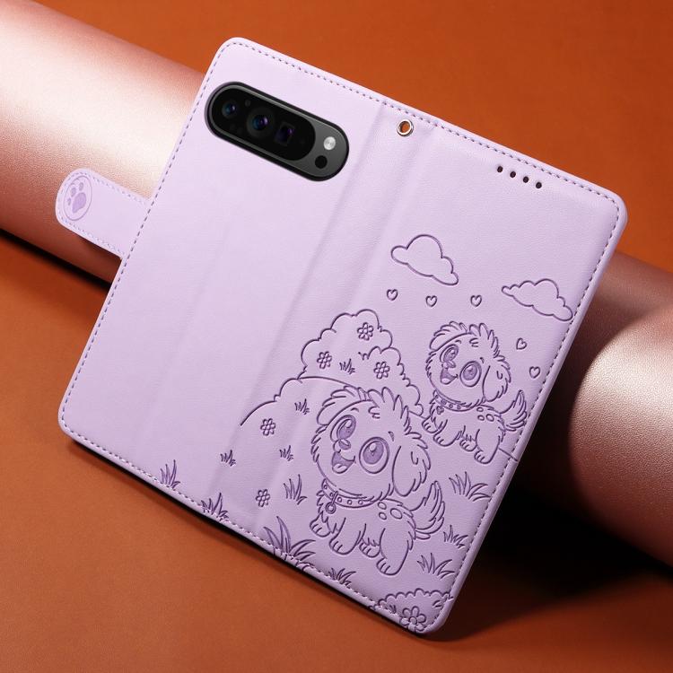 For Google Pixel 10 / 10 Pro / 9 / 9 Pro Embossed Heart Dog RFID Blocking Wallet Leather Phone Case(Purple) - Google Cases by buy2fix | Online Shopping UK | buy2fix