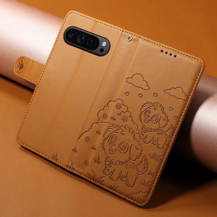For Google Pixel 10 / 10 Pro / 9 / 9 Pro Embossed Heart Dog RFID Blocking Wallet Leather Phone Case(Brown) - Google Cases by buy2fix | Online Shopping UK | buy2fix