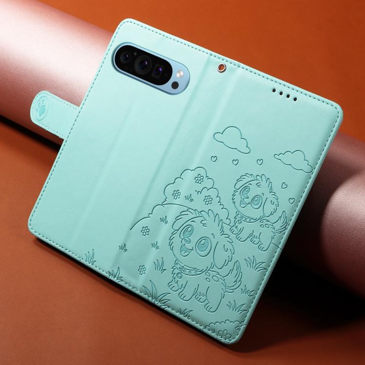 For Google Pixel 10 Pro XL / 9 Pro XL Embossed Heart Dog RFID Blocking Wallet Leather Phone Case(Green) - Google Cases by buy2fix | Online Shopping UK | buy2fix