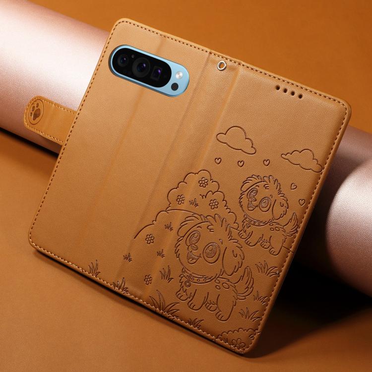 For Google Pixel 10 Pro XL / 9 Pro XL Embossed Heart Dog RFID Blocking Wallet Leather Phone Case(Brown) - Google Cases by buy2fix | Online Shopping UK | buy2fix