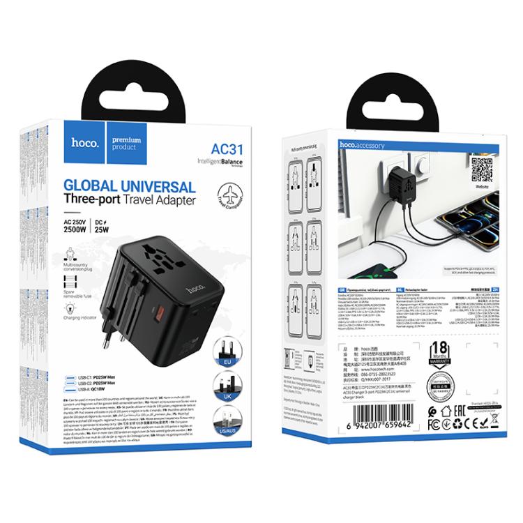 hoco AC31 PD 25W 2 x Type-C and USB-A 3-Ports Global Universal Travel Charger(Black) - Plug Adaptor by hoco | Online Shopping UK | buy2fix