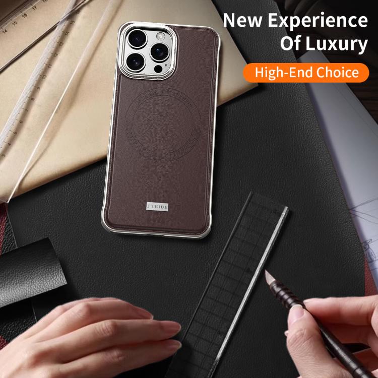 For iPhone 16 J TRIBE Metal Frameless Plain Leather MagSafe Phone Case(Brown) - iPhone 16 Cases by buy2fix | Online Shopping UK | buy2fix