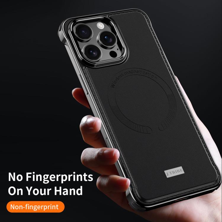 For iPhone 16 J TRIBE Metal Frameless Plain Leather MagSafe Phone Case(Black) - iPhone 16 Cases by buy2fix | Online Shopping UK | buy2fix
