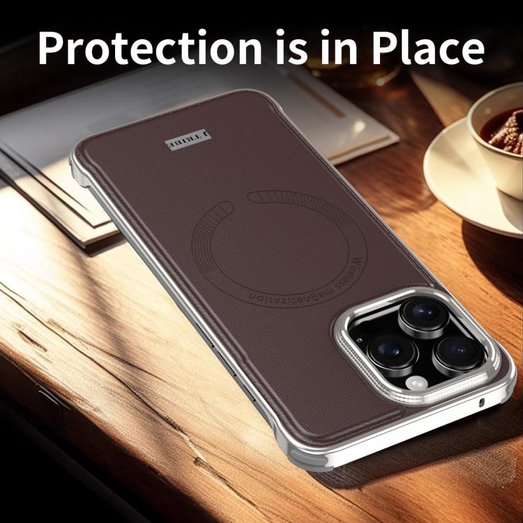 For iPhone 16 J TRIBE Metal Frameless Plain Leather MagSafe Phone Case(Brown) - iPhone 16 Cases by buy2fix | Online Shopping UK | buy2fix