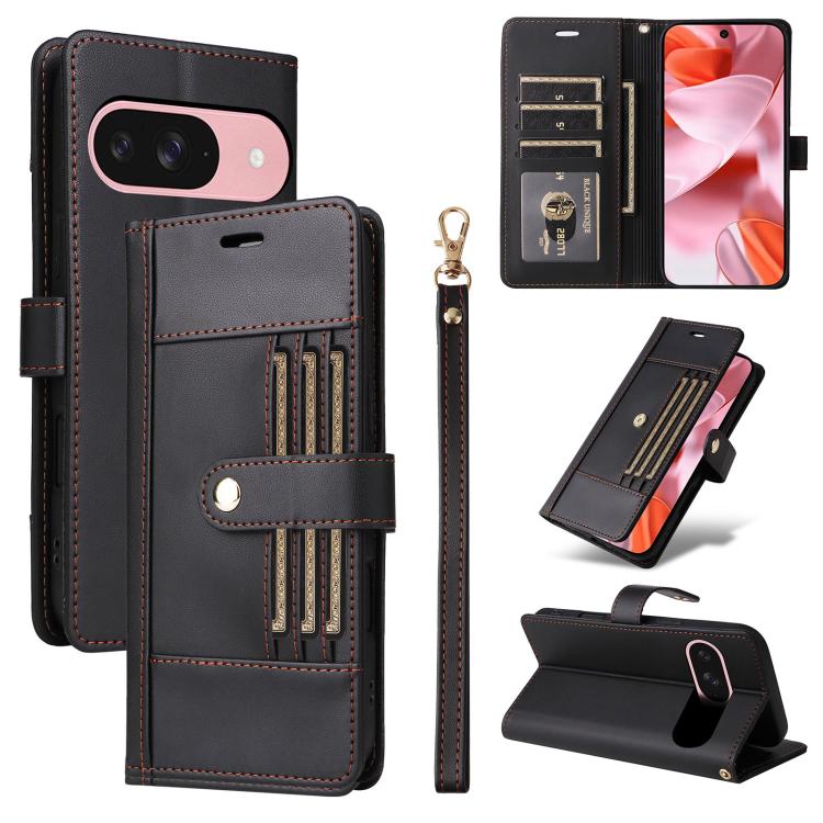 For Google Pixel 9 / 9 Pro / 10 / 10 Pro Six Card Slots Buckle Leather Phone Case with Lanyard(Black) - Google Cases by buy2fix | Online Shopping UK | buy2fix