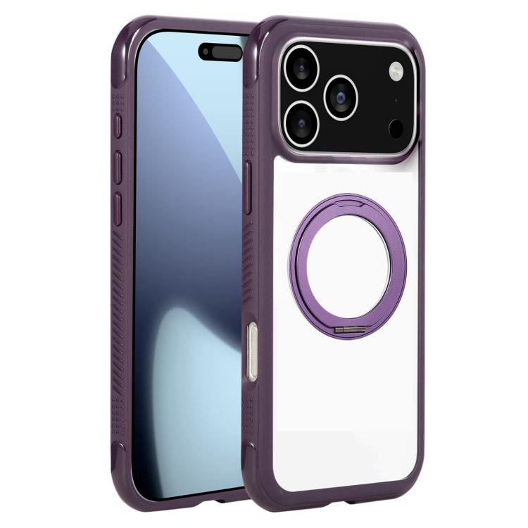 For iPhone 17 Pro Solid Color Edge Transparency Rotation Holder MagSafe Phone Case(Dark Purple) - iPhone 17 Pro Cases by buy2fix | Online Shopping UK | buy2fix