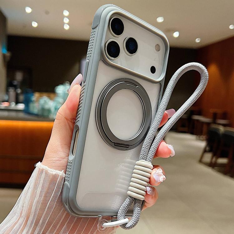 For iPhone 17 Pro Max Solid Color Edge Transparency Rotation Holder MagSafe Phone Case with Wrist Strap(Grey) - iPhone 17 Pro Max Cases by buy2fix | Online Shopping UK | buy2fix