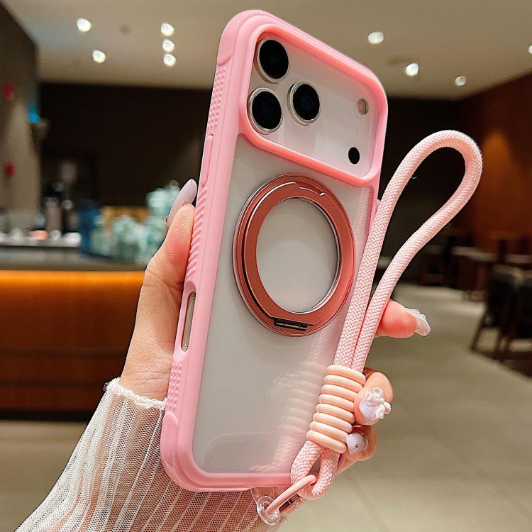 For iPhone 17 Pro Solid Color Edge Transparency Rotation Holder MagSafe Phone Case with Wrist Strap(Pink) - iPhone 17 Pro Cases by buy2fix | Online Shopping UK | buy2fix