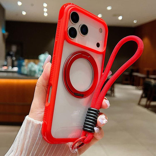 For iPhone 17 Pro Solid Color Edge Transparency Rotation Holder MagSafe Phone Case with Wrist Strap(Red) - iPhone 17 Pro Cases by buy2fix | Online Shopping UK | buy2fix