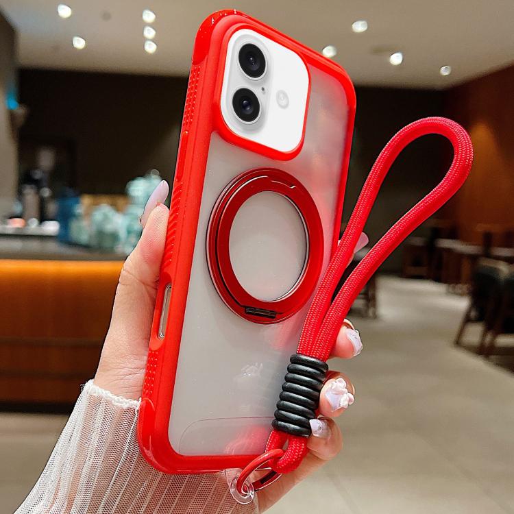 For iPhone 17 Solid Color Edge Transparency Rotation Holder MagSafe Phone Case with Wrist Strap(Red) - iPhone 17 Cases by buy2fix | Online Shopping UK | buy2fix