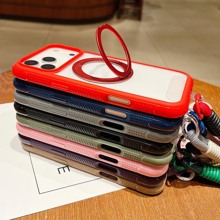 For iPhone 17 Pro Solid Color Edge Transparency Rotation Holder MagSafe Phone Case with Wrist Strap(Dark Purple) - iPhone 17 Pro Cases by buy2fix | Online Shopping UK | buy2fix