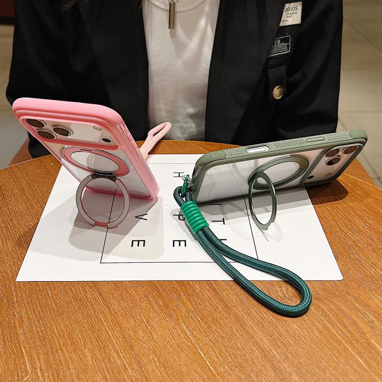 For iPhone 17 Solid Color Edge Transparency Rotation Holder MagSafe Phone Case with Wrist Strap(Pink) - iPhone 17 Cases by buy2fix | Online Shopping UK | buy2fix
