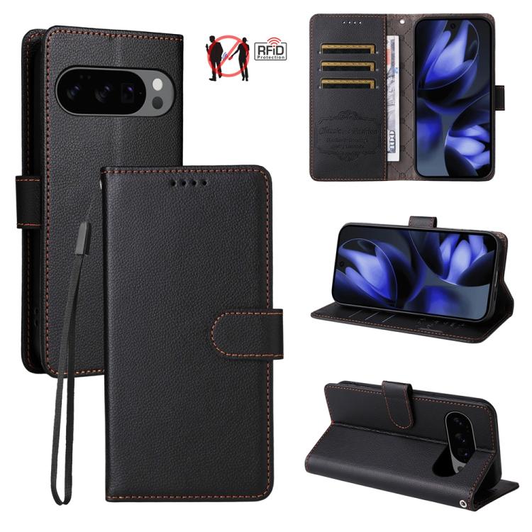 For Google Pixel 9 / 9 Pro / 10 / 10 Pro Litchi Texture RFID Blocking 3-Card Wallet Leather Phone Case(Black) - Google Cases by buy2fix | Online Shopping UK | buy2fix