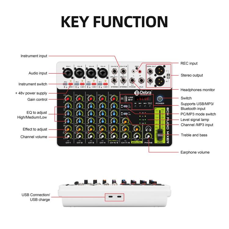 DEBRA V8 8-Channels Audio Mixer Live Recording Reverb(EU Plug) - Live Sound Effects Processors by DEBRA | Online Shopping UK | buy2fix