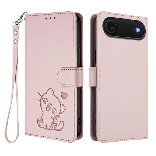 For iPhone Air Embossed Heart Cat Leather Phone Case with Hand Strap(Pink) - iPhone Air Cases by buy2fix | Online Shopping UK | buy2fix