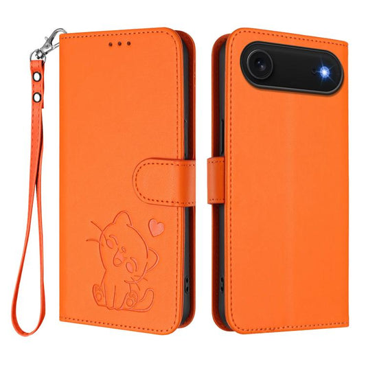 For iPhone Air Embossed Heart Cat Leather Phone Case with Hand Strap(Orange) - iPhone Air Cases by buy2fix | Online Shopping UK | buy2fix