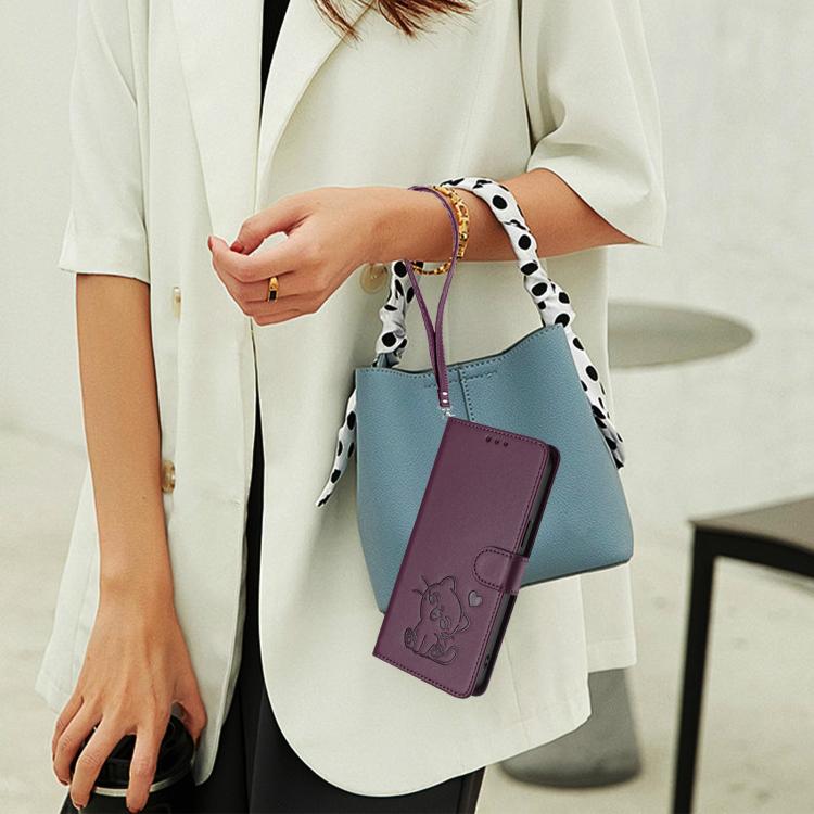 For iPhone Air Embossed Heart Cat Leather Phone Case with Hand Strap(Dark Purple) - iPhone Air Cases by buy2fix | Online Shopping UK | buy2fix