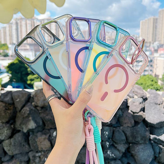 For iPhone 17 Pro Gradient Discolor MagSafe Phone Case with Holder / Wrist Strap(White) - iPhone 17 Pro Cases by buy2fix | Online Shopping UK | buy2fix