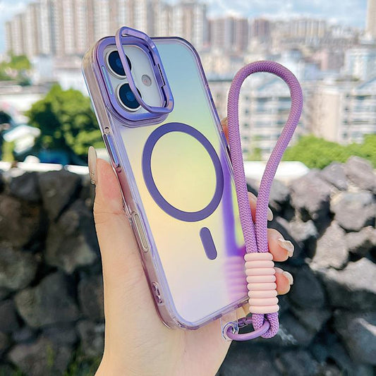 For iPhone 17 Gradient Discolor MagSafe Phone Case with Holder / Wrist Strap(Purple) - iPhone 17 Cases by buy2fix | Online Shopping UK | buy2fix