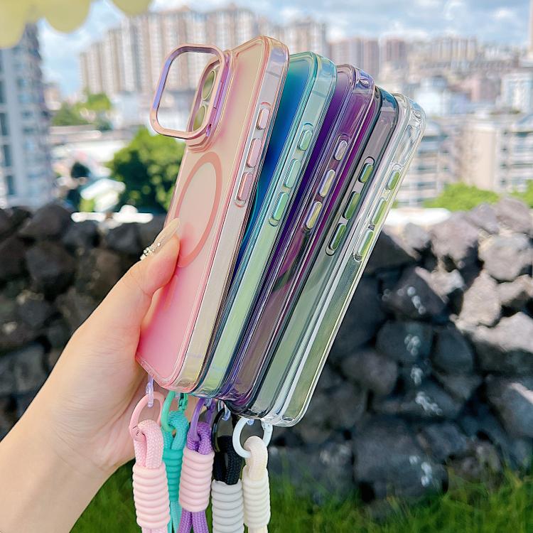 For iPhone 17 Gradient Discolor MagSafe Phone Case with Holder / Wrist Strap(Black) - iPhone 17 Cases by buy2fix | Online Shopping UK | buy2fix