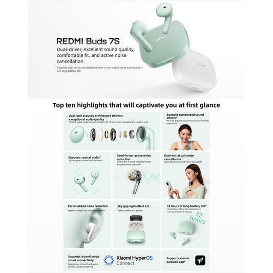 Original Xiaomi REDMI Buds 7S Semi-in-Ear Active Noise Cancelling Bluetooth Earphone(Cyan) - Bluetooth Earphone by Xiaomi | Online Shopping UK | buy2fix