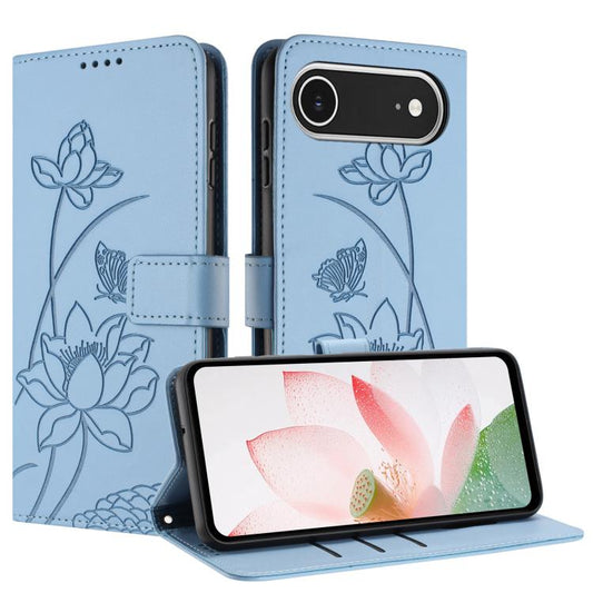 For iPhone Air Lotus Embossed Leather Phone Case with Lanyard(Blue) - iPhone Air Cases by buy2fix | Online Shopping UK | buy2fix