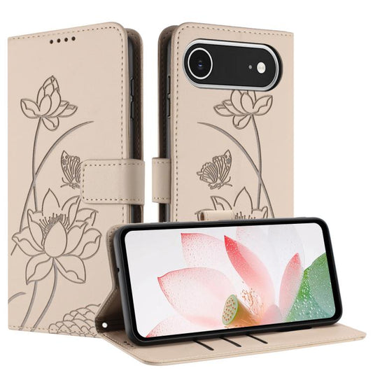 For iPhone Air Lotus Embossed Leather Phone Case with Lanyard(Beige) - iPhone Air Cases by buy2fix | Online Shopping UK | buy2fix