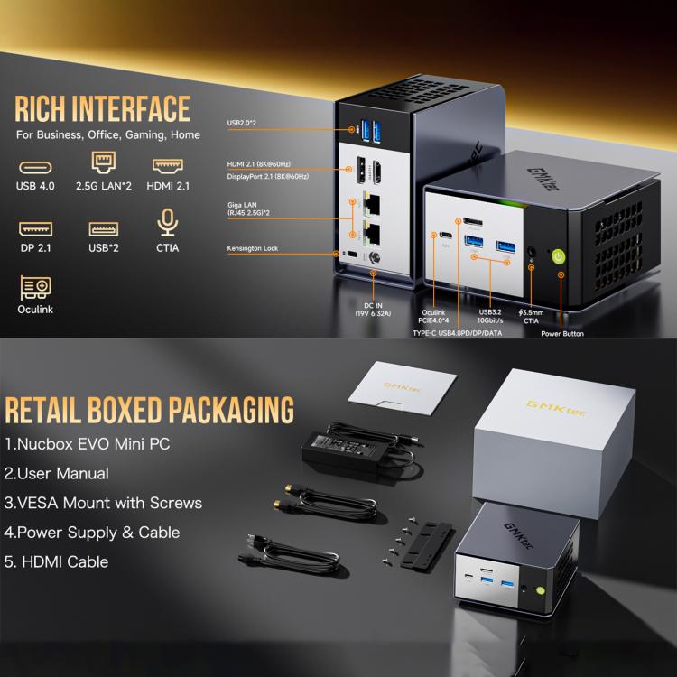 GMKtec EVO-X1 AI Mini PC, 32GB RAM + 1TB SSD, AMD Ryzen AI 9 HX 370, Radeon 890M, Oculink Port(EU Plug Black) - Barebone Mini PCs by GMKtec | Online Shopping UK | buy2fix