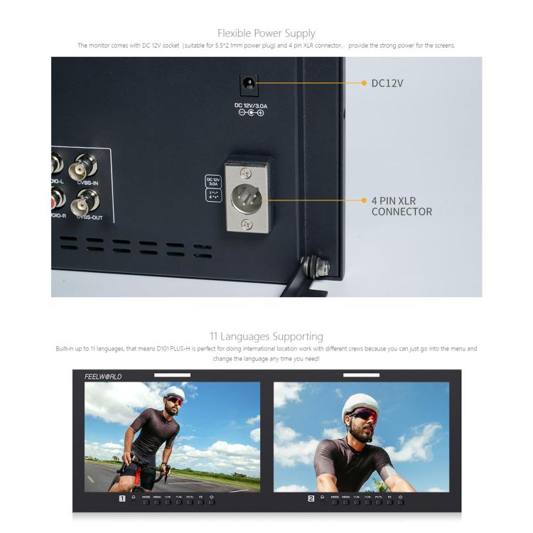 FEELWORLD D101 PLUS-H Dual 10.1 inch 4RU Rackmount Monitor 4K HDMI-compatible CVBS 1920x1200 IPS Screen, Plug:UK Plug(Black) - On-camera Monitors by FEELWORLD | Online Shopping UK | buy2fix