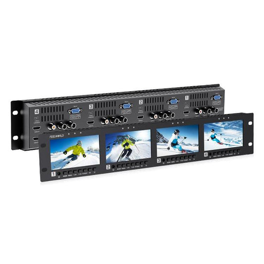 FEELWORLD Q41 Quad 4.5 inch 2RU Rackmount Monitor 3G-SDI 4K HDMI-compatible AV Input and Output, EU Plug(Black) - On-camera Monitors by FEELWORLD | Online Shopping UK | buy2fix